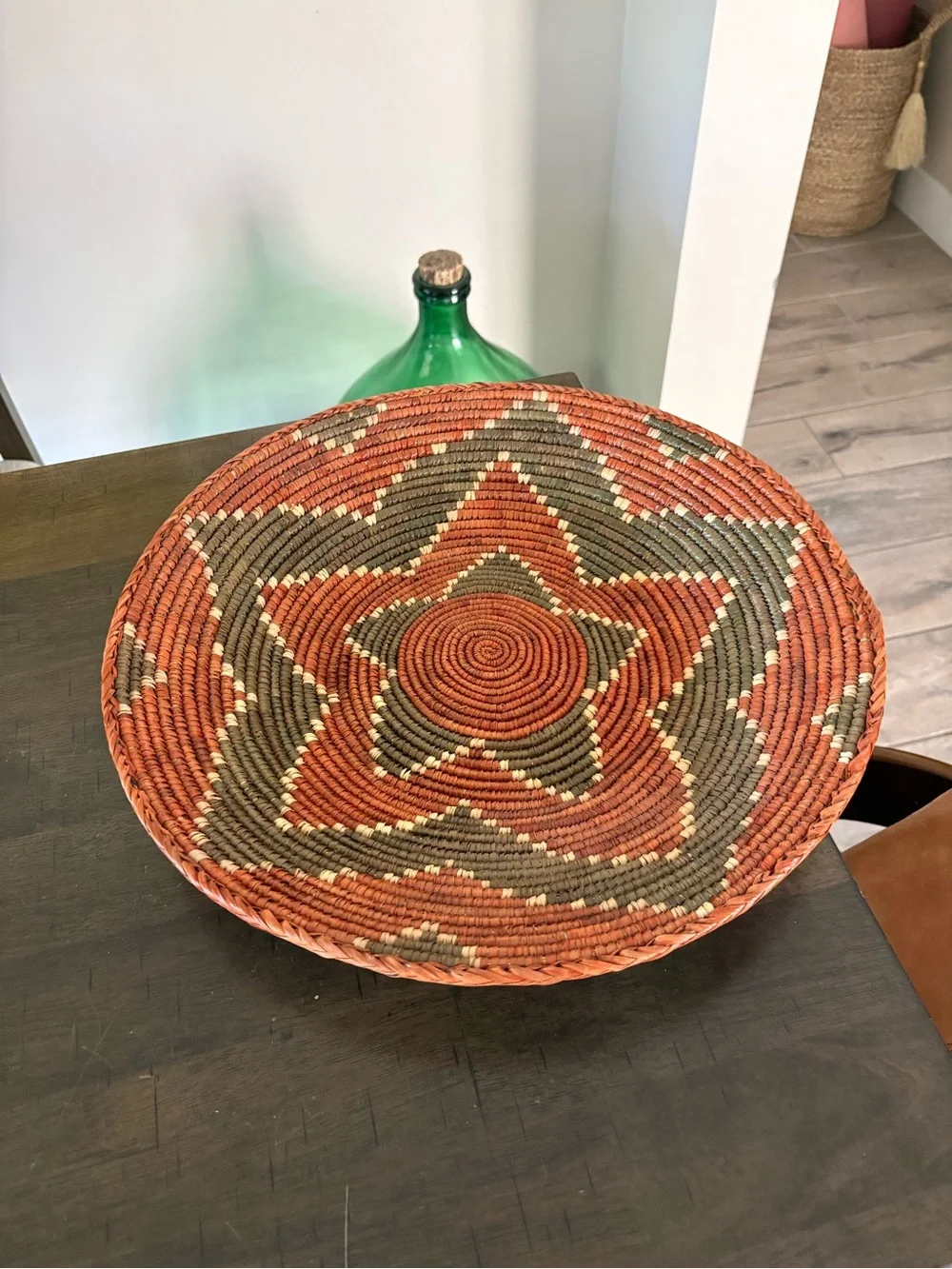 Handwoven Orange and Olive Star Pattern Decorative Basket - Home Accents